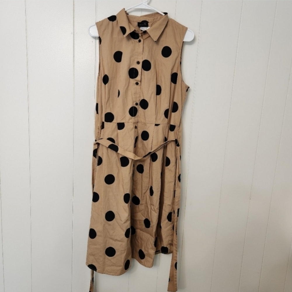 Who What Wear Tan and Black Polka Dot Midi Dress